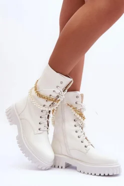 Skórzane Wysokie Workery Z Łańcuszkiem Białe Nameer