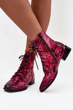 Skórzane Wzorzyste Botki Na Płaskim Obcasie Maciejka 06391-23 Różowe