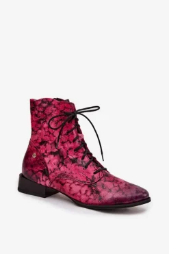 Skórzane Wzorzyste Botki Na Płaskim Obcasie Maciejka 06391-23 Różowe