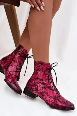 Skórzane Wzorzyste Botki Na Płaskim Obcasie Maciejka 06391-23 Różowe