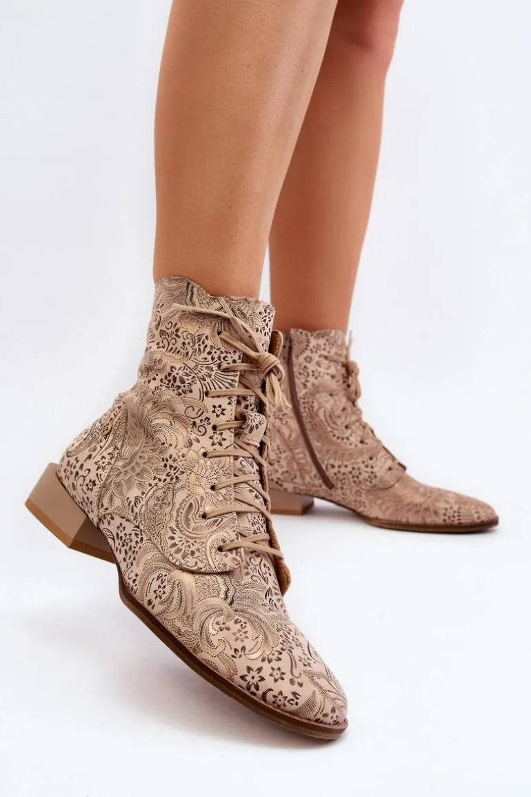 Skórzane Wzorzyste Botki Na Płaskim Obcasie Maciejka 06391-04 Beżowe