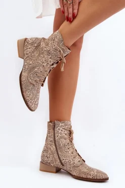 Skórzane Wzorzyste Botki Na Płaskim Obcasie Maciejka 06391-04 Beżowe