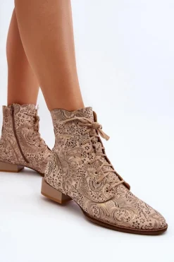 Skórzane Wzorzyste Botki Na Płaskim Obcasie Maciejka 06391-04 Beżowe