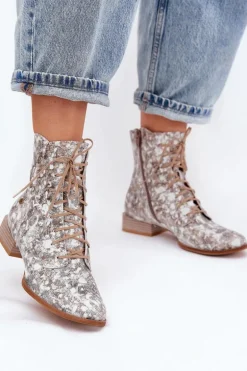 Skórzane Wzorzyste Botki Na Płaskim Obcasie Maciejka 06391-25 Beżowe