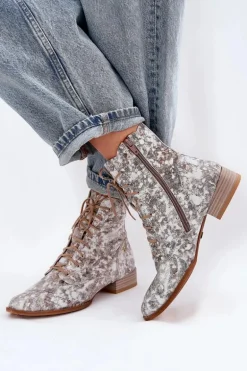 Skórzane Wzorzyste Botki Na Płaskim Obcasie Maciejka 06391-25 Beżowe