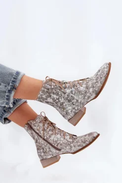 Skórzane Wzorzyste Botki Na Płaskim Obcasie Maciejka 06391-25 Beżowe