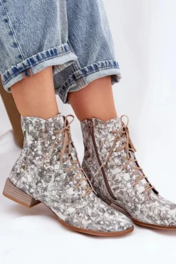 Skórzane Wzorzyste Botki Na Płaskim Obcasie Maciejka 06391-25 Beżowe