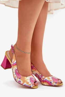 Skórzane Wzorzyste Sandały Damskie Na Słupku D&A CR51-006 Multikolor