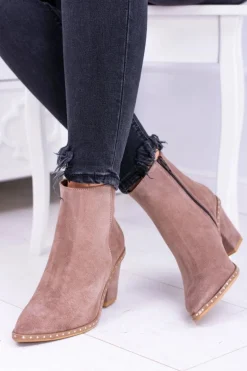 Skórzane Zamszowe Beżowe Damskie Botki W Szpic Z Suwakiem Sonoma