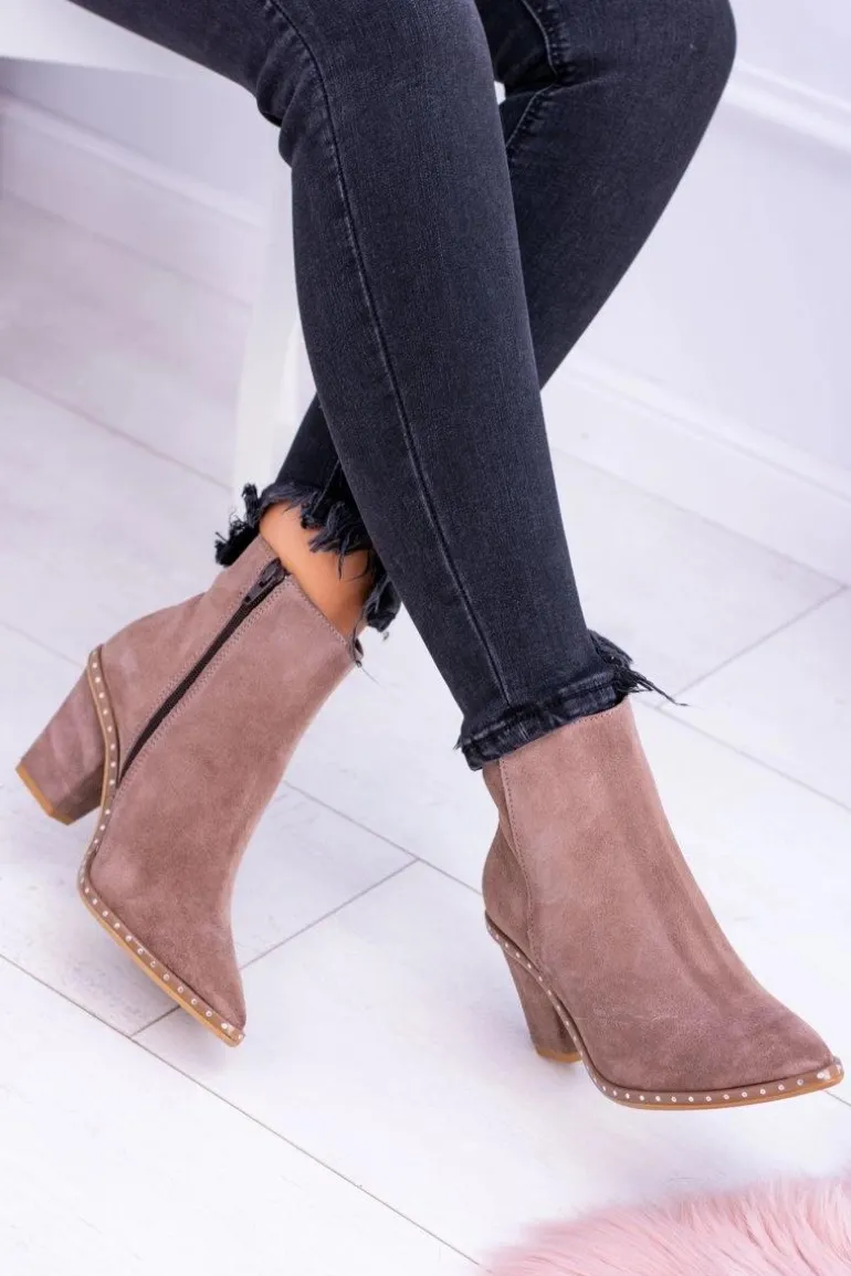 Skórzane Zamszowe Beżowe Damskie Botki W Szpic Z Suwakiem Sonoma