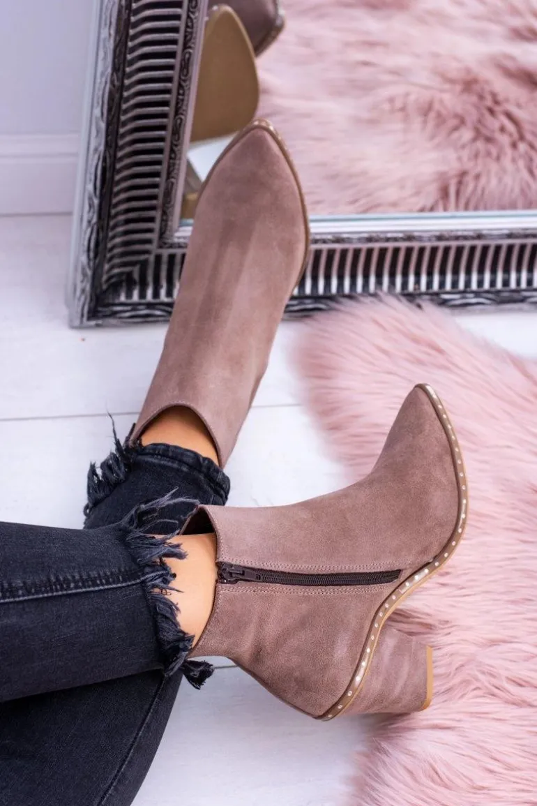 Skórzane Zamszowe Beżowe Damskie Botki W Szpic Z Suwakiem Sonoma