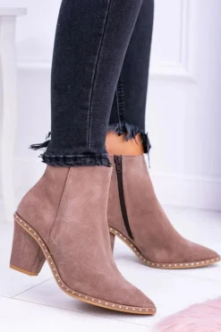 Skórzane Zamszowe Beżowe Damskie Botki W Szpic Z Suwakiem Sonoma