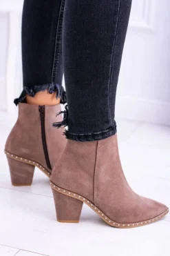 Skórzane Zamszowe Beżowe Damskie Botki W Szpic Z Suwakiem Sonoma