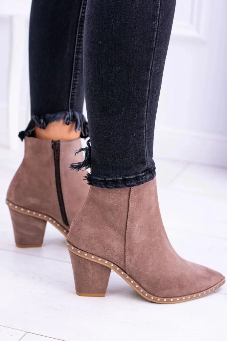 Skórzane Zamszowe Beżowe Damskie Botki W Szpic Z Suwakiem Sonoma