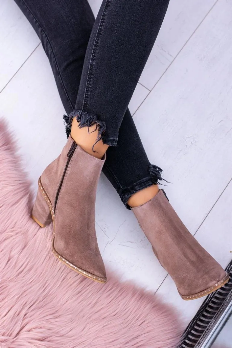 Skórzane Zamszowe Beżowe Damskie Botki W Szpic Z Suwakiem Sonoma