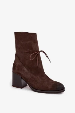 Skórzane Zamszowe Botki Damskie Na Słupku Zazoo 1151 Czekoladowe