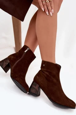 Skórzane Zamszowe Botki Damskie Na Słupku Maciejka K7202-02 Czekoladowe