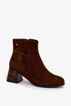 Skórzane Zamszowe Botki Damskie Na Słupku Maciejka K7202-02 Czekoladowe