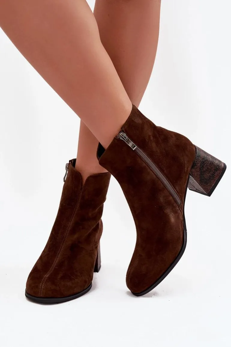 Skórzane Zamszowe Botki Damskie Na Słupku Maciejka K7202-02 Czekoladowe