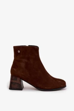 Skórzane Zamszowe Botki Damskie Na Słupku Maciejka K7202-02 Czekoladowe