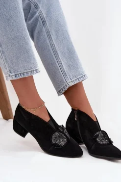 Skórzane Zamszowe Botki Damskie Na Obcasie Z Ozdobą D&A MR52-182 Czarne