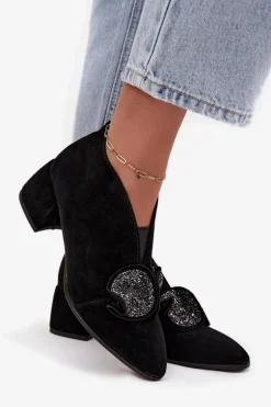 Skórzane Zamszowe Botki Damskie Na Obcasie Z Ozdobą D&A MR52-182 Czarne