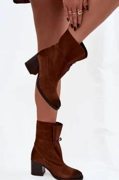 Skórzane Zamszowe Botki Damskie Na Słupku Zazoo 1151 Brązowe