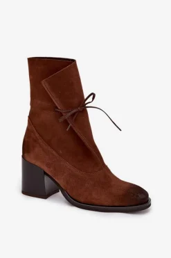 Skórzane Zamszowe Botki Damskie Na Słupku Zazoo 1151 Brązowe