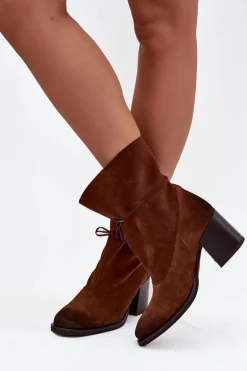 Skórzane Zamszowe Botki Damskie Na Słupku Zazoo 1151 Brązowe