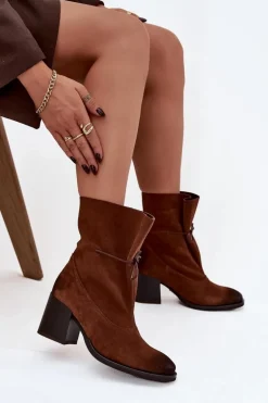 Skórzane Zamszowe Botki Damskie Na Słupku Zazoo 1151 Brązowe