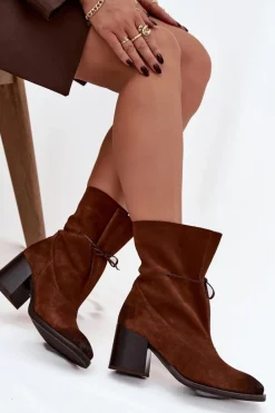 Skórzane Zamszowe Botki Damskie Na Słupku Zazoo 1151 Brązowe