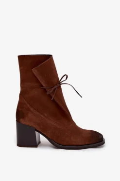 Skórzane Zamszowe Botki Damskie Na Słupku Zazoo 1151 Brązowe