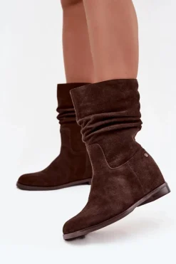 Skórzane Zamszowe Botki Damskie Z Marszczeniem Ocieplane Maciejka K7211-02 Czekoladowe