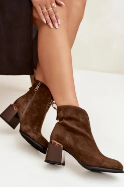 Skórzane Zamszowe Botki Damskie Na Słupku Vinceza 66811 Brązowe