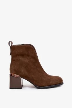 Skórzane Zamszowe Botki Damskie Na Słupku Vinceza 66811 Brązowe