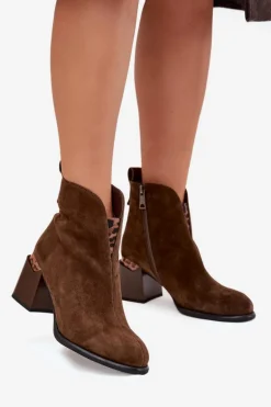 Skórzane Zamszowe Botki Damskie Na Słupku Vinceza 66811 Brązowe