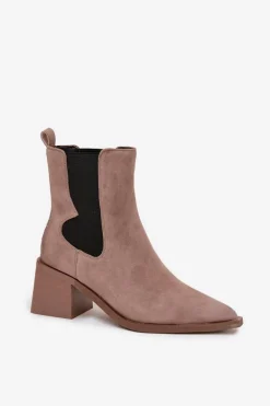 Skórzane Zamszowe Botki Damskie Na Słupku Ocieplane Artiker 57C0045 Beżowe