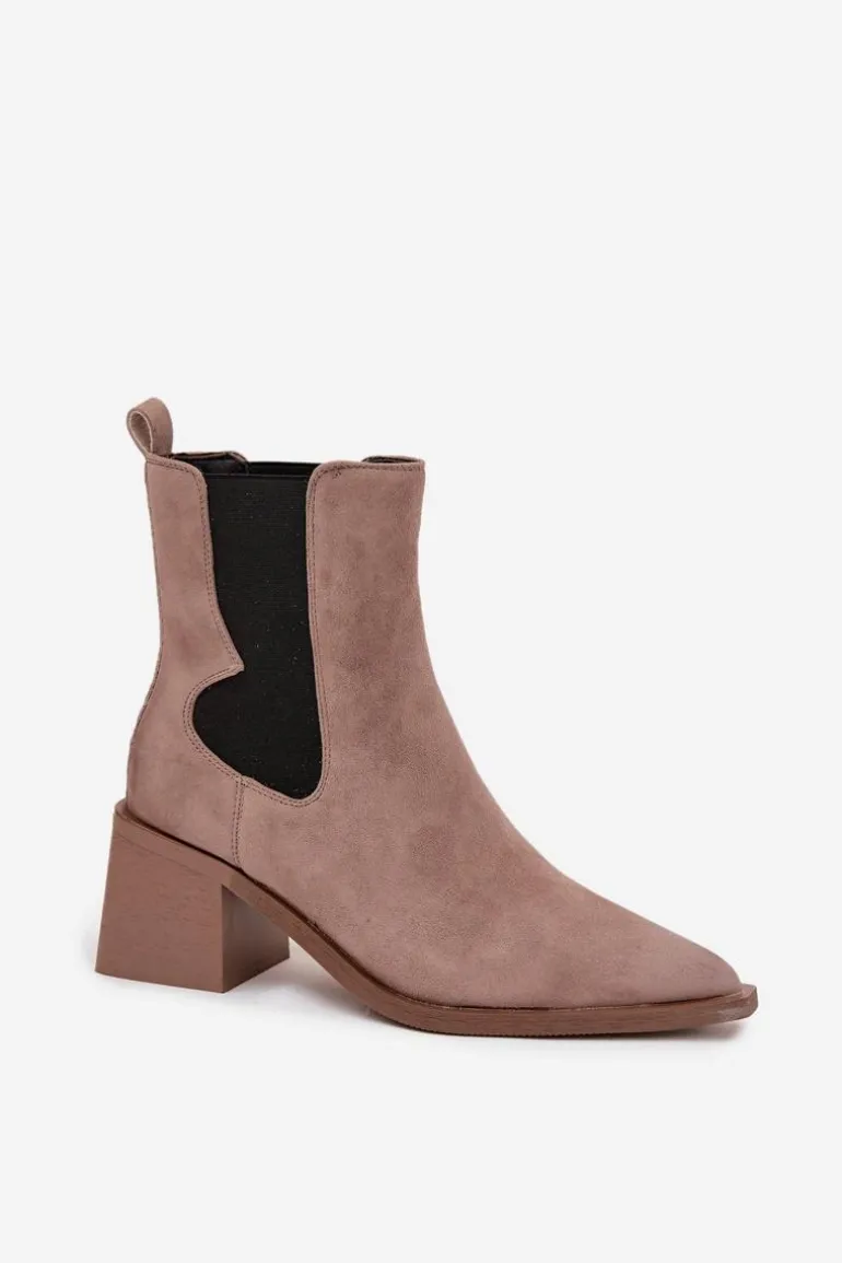 Skórzane Zamszowe Botki Damskie Na Słupku Ocieplane Artiker 57C0045 Beżowe