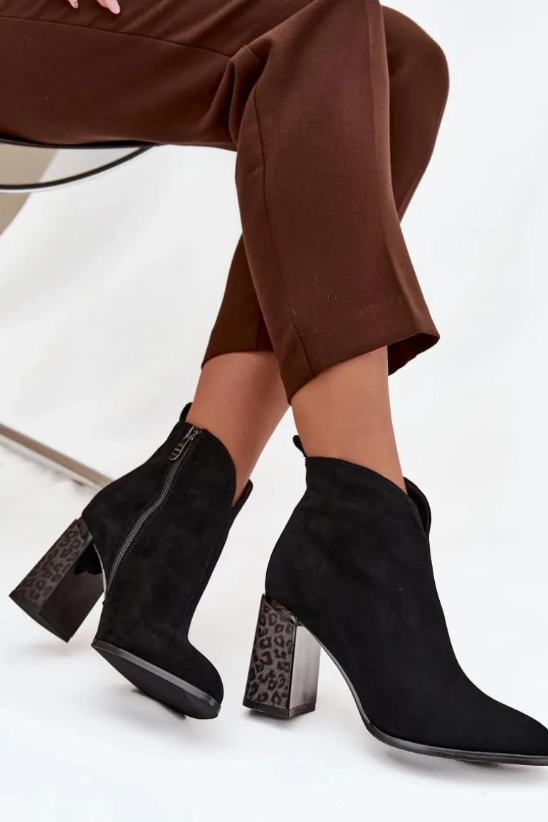 Skórzane Zamszowe Botki Damskie Na Słupku Ocieplane Czarne Zivella