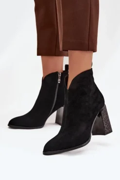 Skórzane Zamszowe Botki Damskie Na Słupku Ocieplane Czarne Zivella