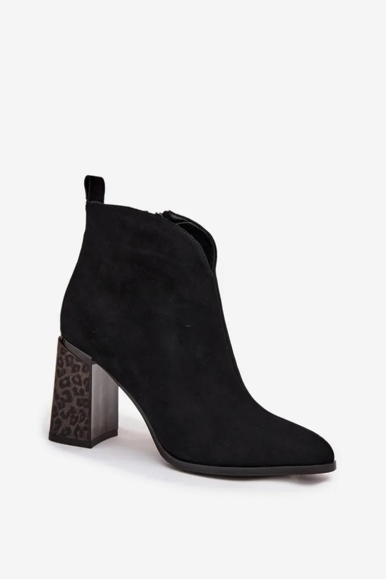 Skórzane Zamszowe Botki Damskie Na Słupku Ocieplane Czarne Zivella