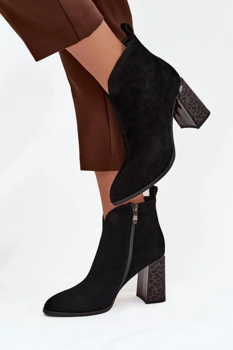 Skórzane Zamszowe Botki Damskie Na Słupku Ocieplane Czarne Zivella