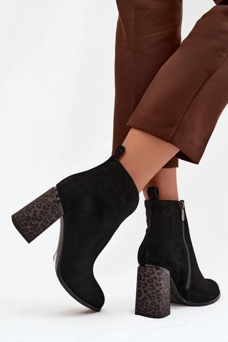 Skórzane Zamszowe Botki Damskie Na Słupku Ocieplane Czarne Zivella