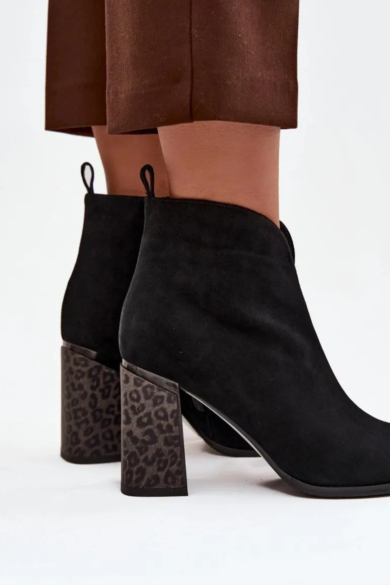 Skórzane Zamszowe Botki Damskie Na Słupku Ocieplane Czarne Zivella