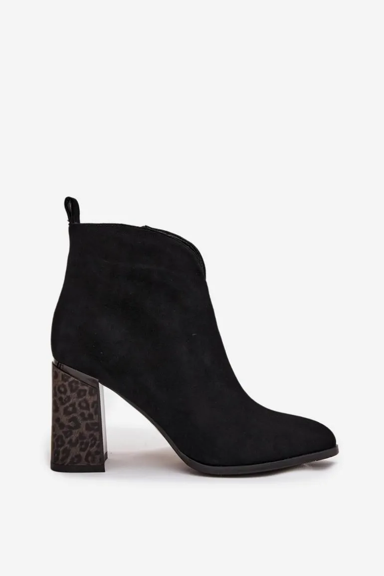 Skórzane Zamszowe Botki Damskie Na Słupku Ocieplane Czarne Zivella