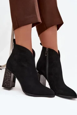 Skórzane Zamszowe Botki Damskie Na Słupku Ocieplane Czarne Zivella