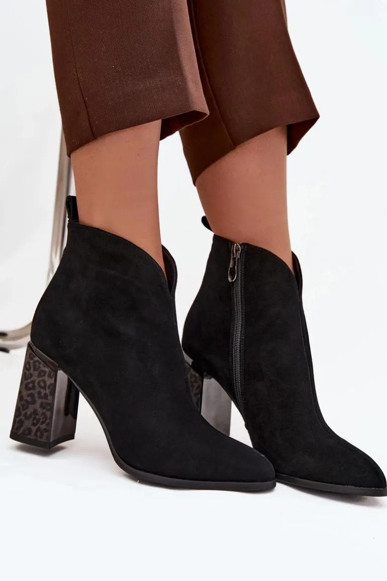 Skórzane Zamszowe Botki Damskie Na Słupku Ocieplane Czarne Zivella