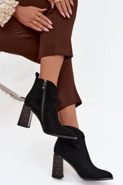 Skórzane Zamszowe Botki Damskie Na Słupku Ocieplane Czarne Zivella