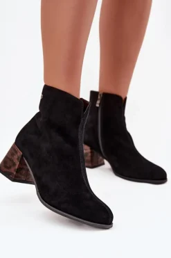Skórzane Zamszowe Botki Damskie Na Słupku Maciejka K7202-01 Czarne