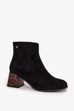 Skórzane Zamszowe Botki Damskie Na Słupku Maciejka K7202-01 Czarne